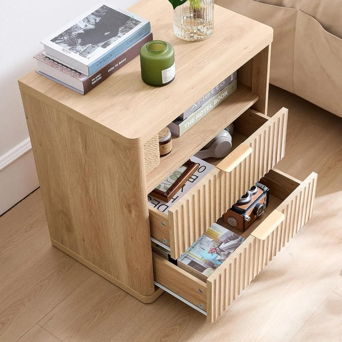 23 Fluted Nightstand Wide 2 Drawers End Table - Image 4