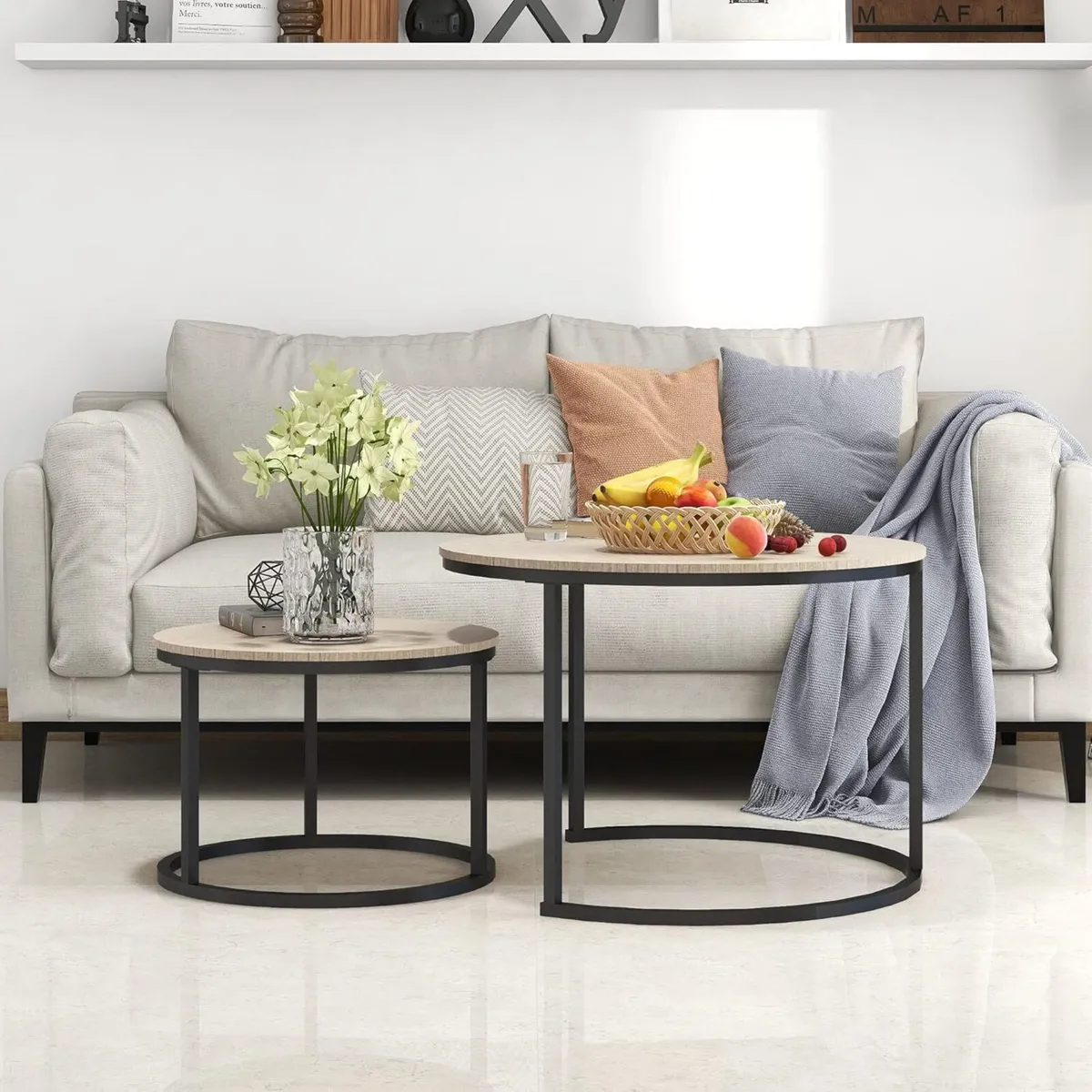 Round Nesting Coffee Table Set of 2 Stacking Sofa - Image 3