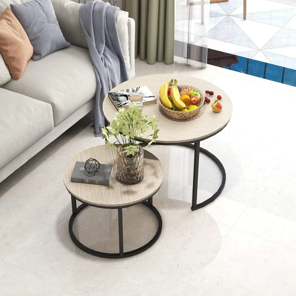 Round Nesting Coffee Table Set of 2 Stacking Sofa - Image 4