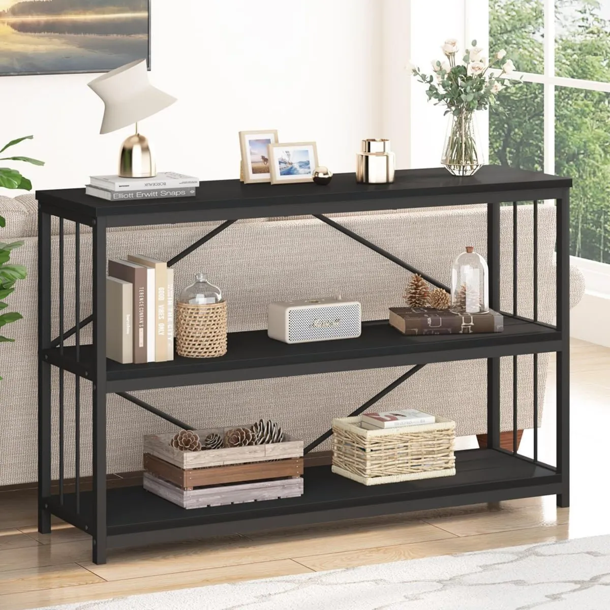 Black Sofa Table Modern Metal Wood Entryway - Image 3