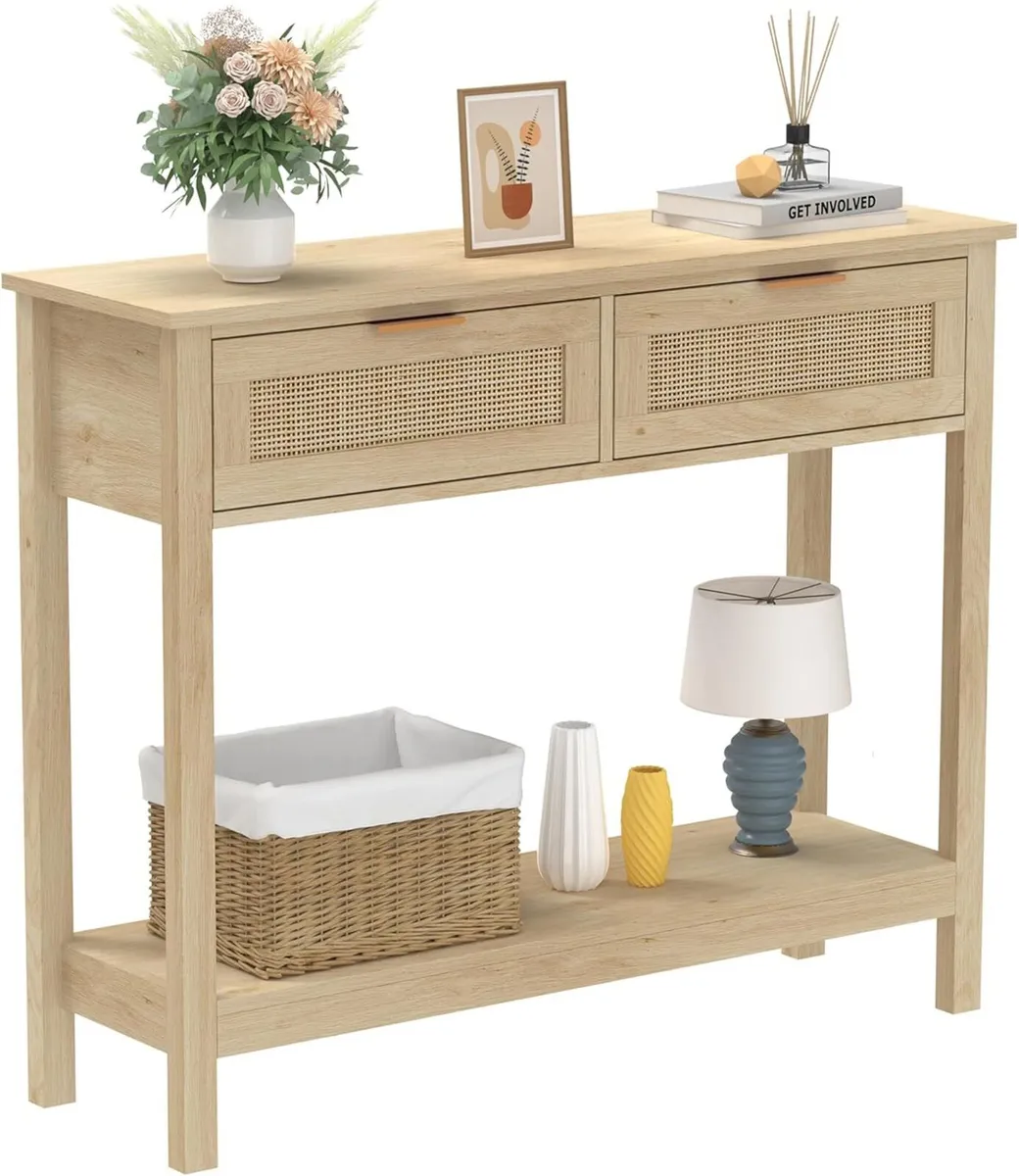 Boho Rattan Console Table with 2 Drawers Tier - Image 1