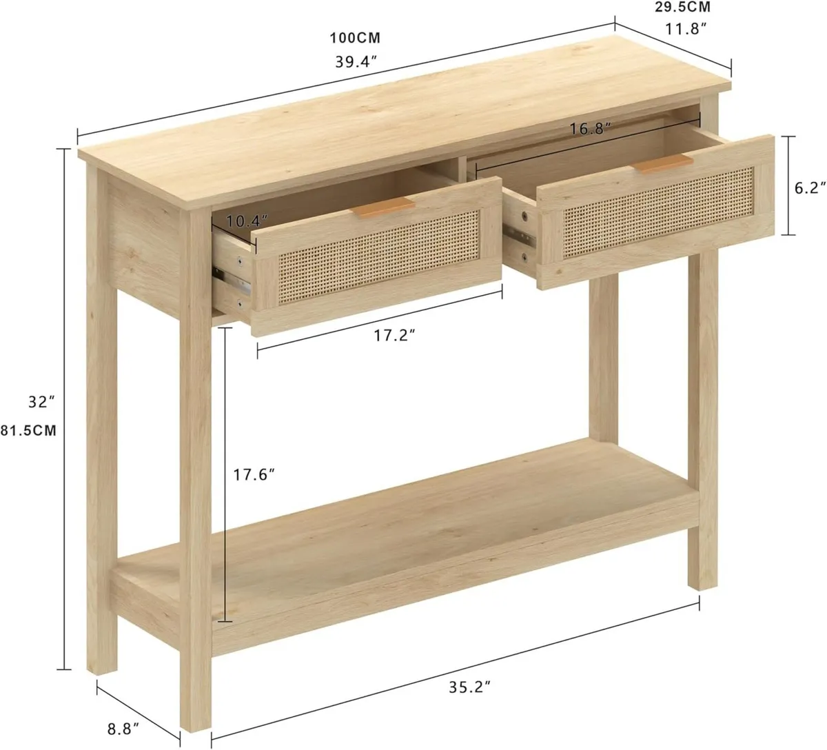 Boho Rattan Console Table with 2 Drawers Tier - Image 3