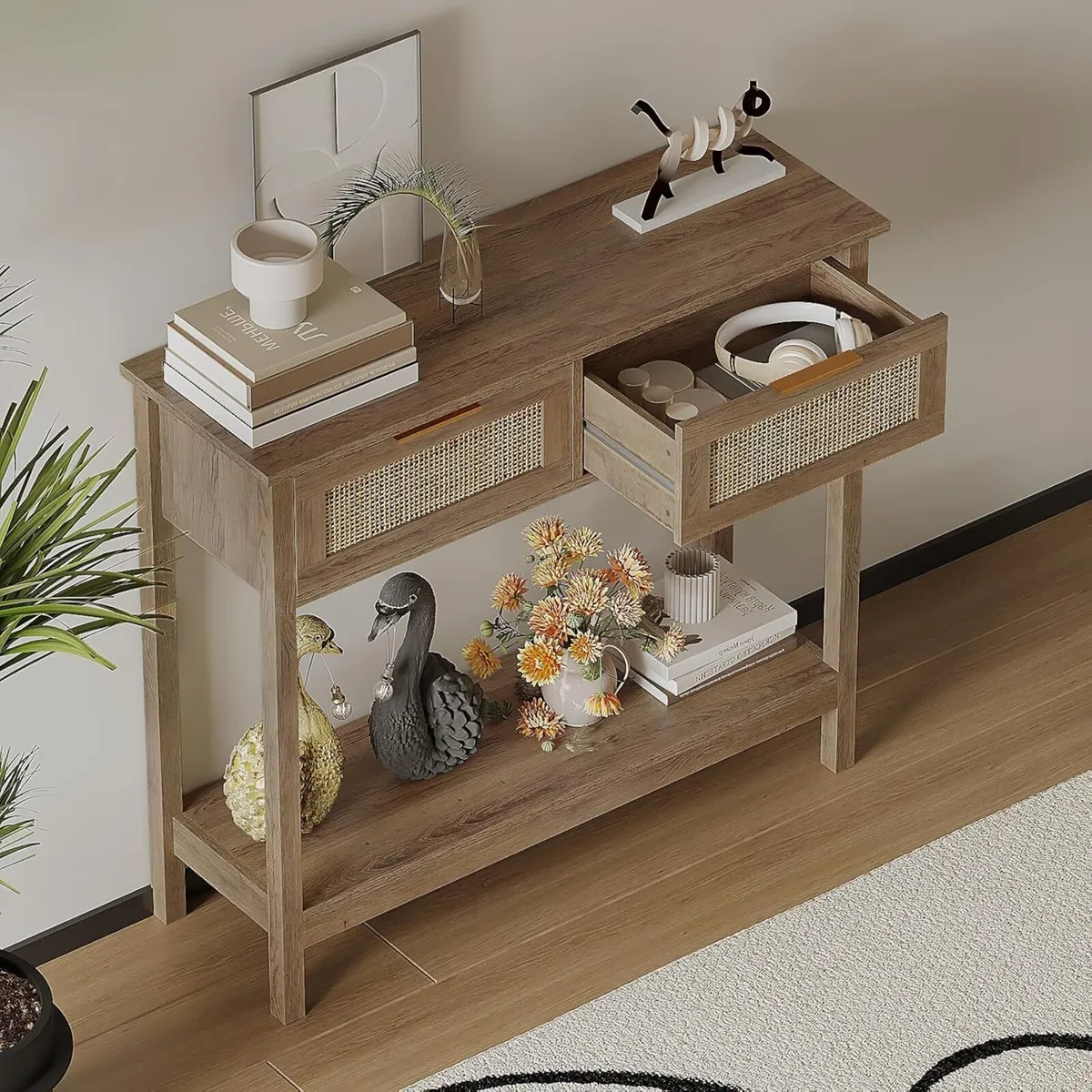 Boho Rattan Console Table with 2 Drawers Tier - Image 4