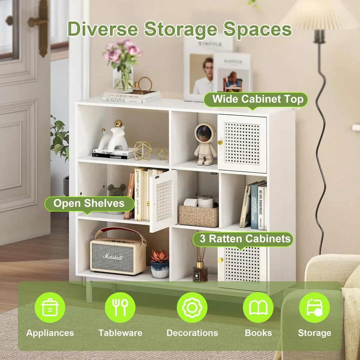 Rattan Bookcase Storage Sideboard Cabinet with - Image 4