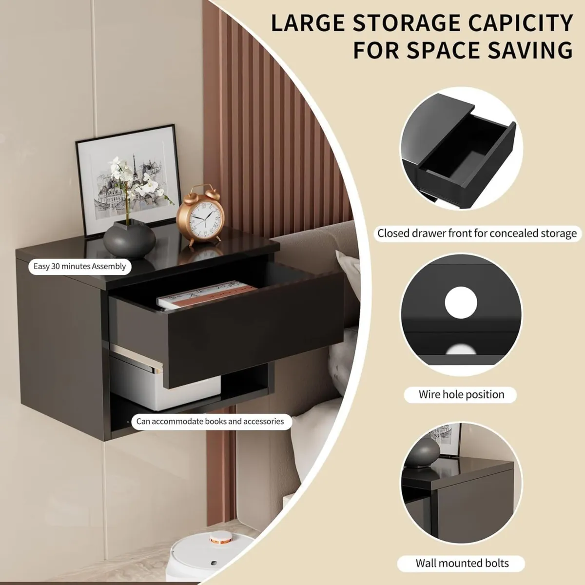 Floating Nightstand Modern Wall Mounted Bedside - Image 3