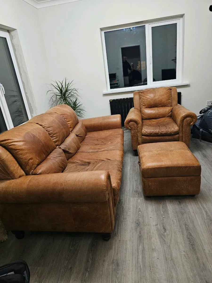 Tan Leather sofa   chair and Poofee. - Image 2