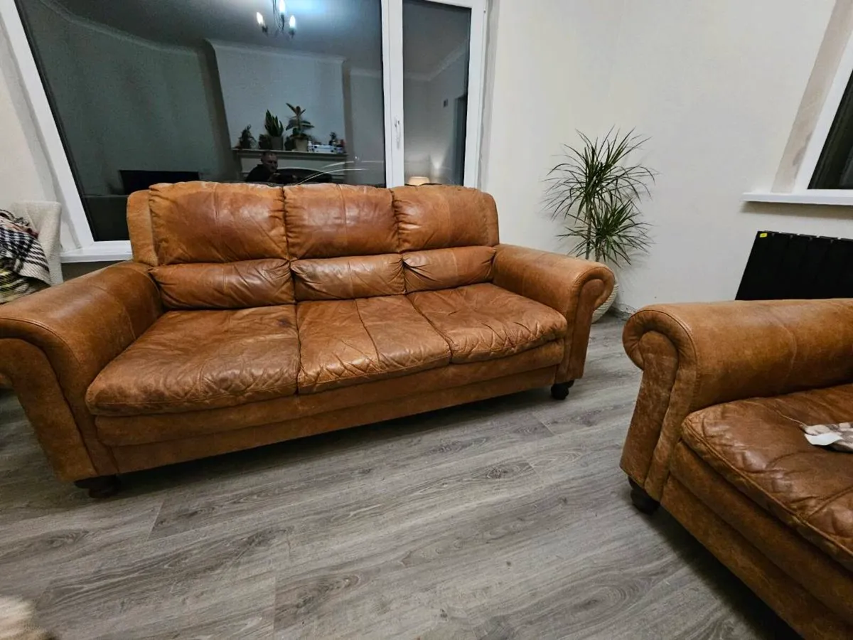 Tan Leather sofa   chair and Poofee. - Image 3