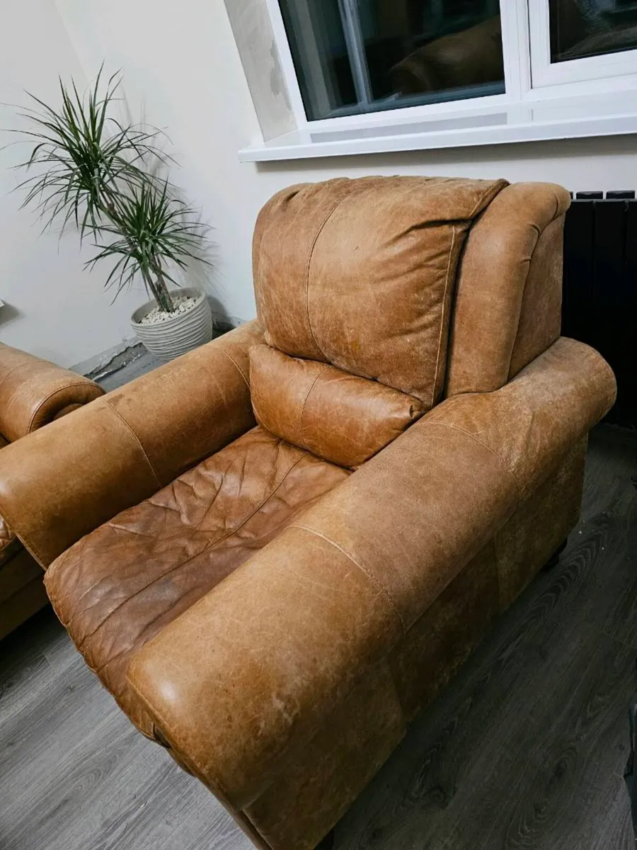 Tan Leather sofa   chair and Poofee. - Image 4