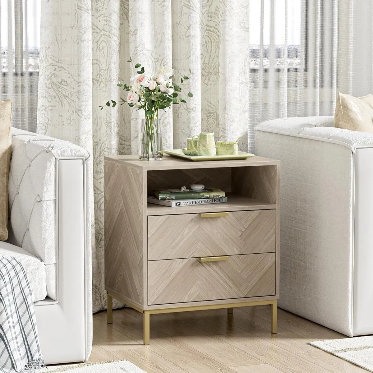 Modern Bedside Tabls with Drawers Wood Bed Side - Image 1