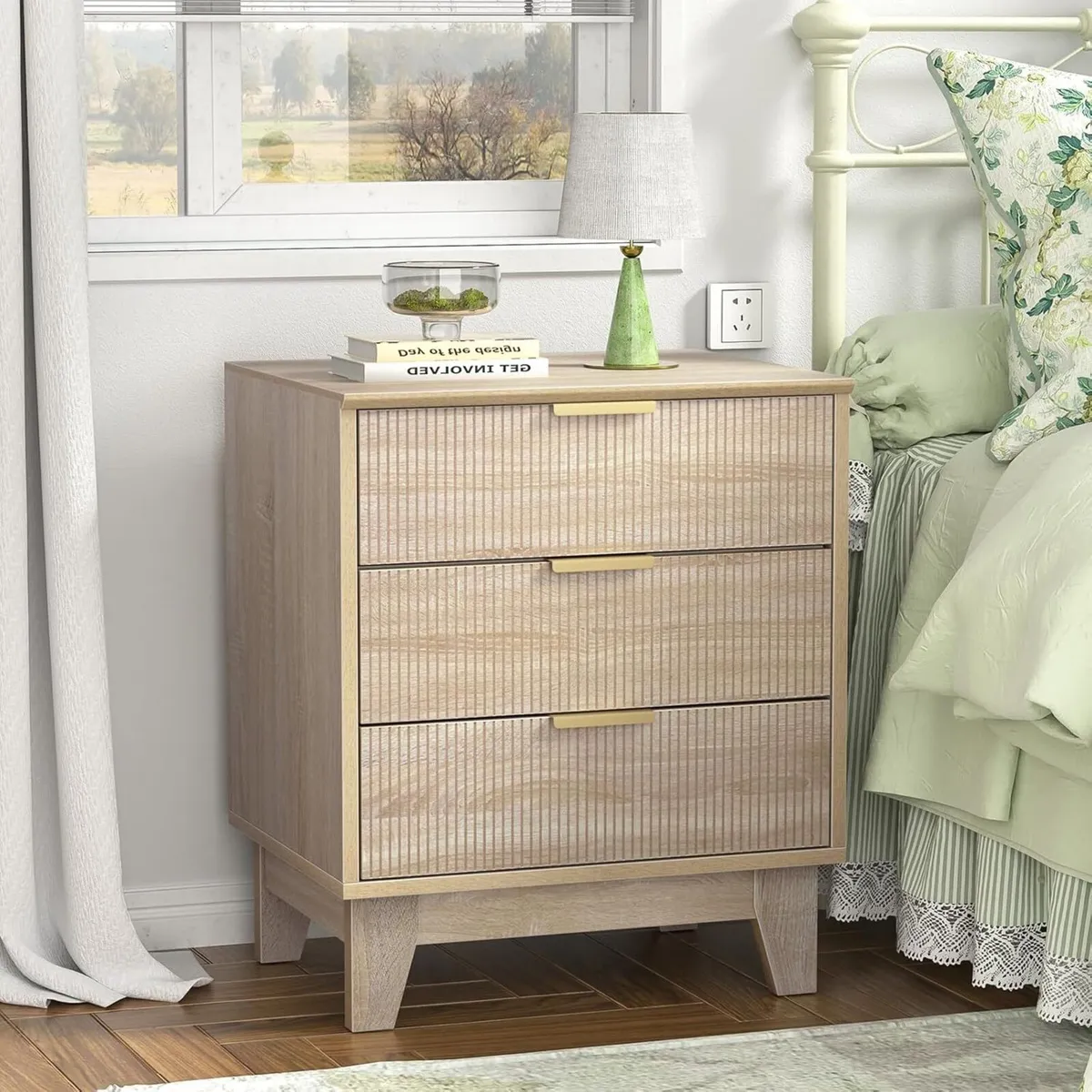 Fluted Nightstand with 3 Drawers Modern Bedside - Image 3