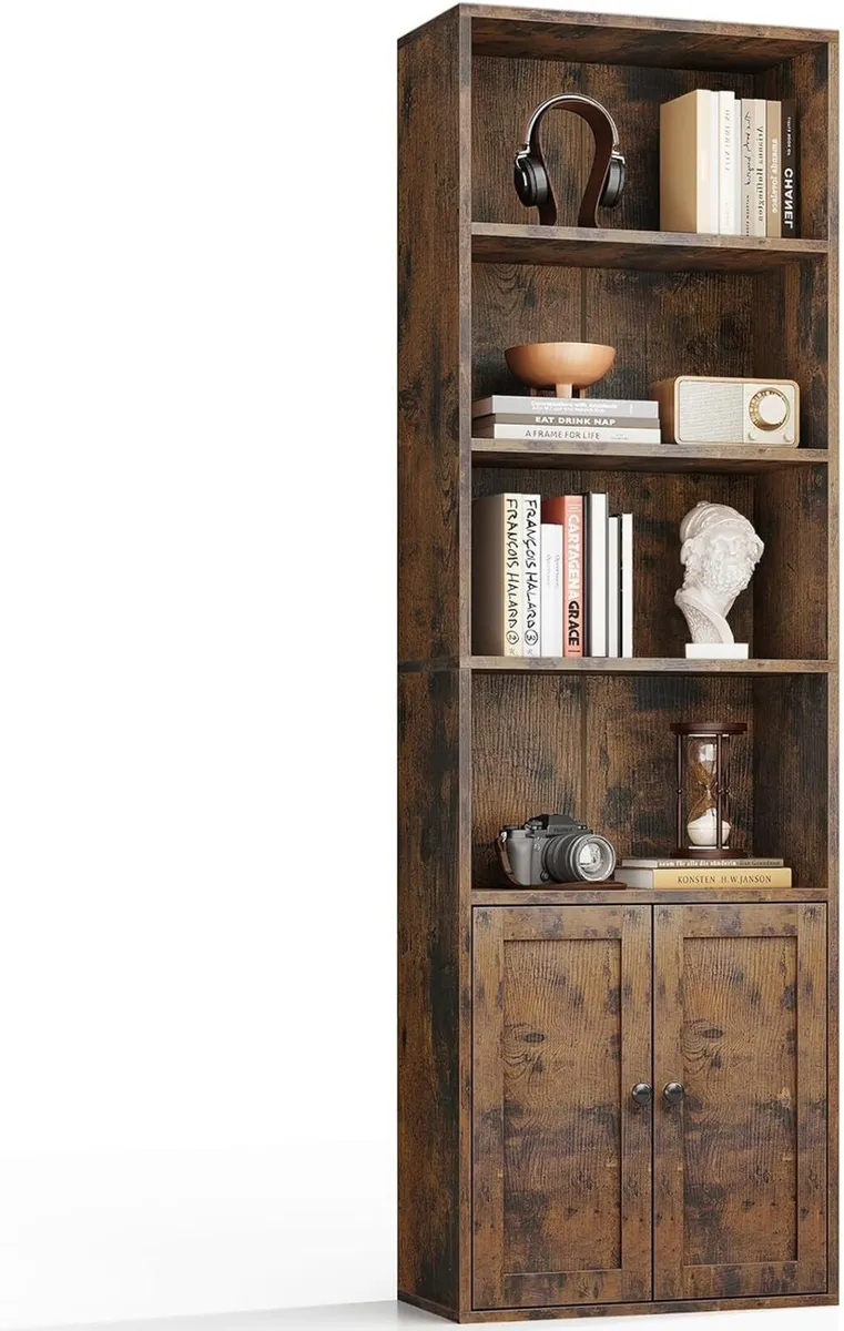 6-Tier Bookcase with Doors and Cabinet Bookshelf - Image 1