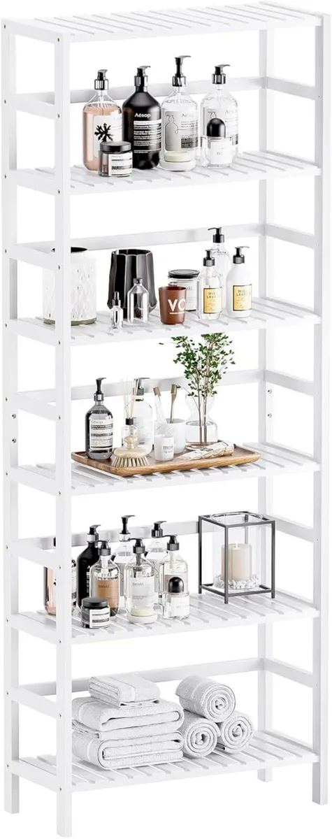 White Bookshelf 6-Tier Adjustable Tall Bookcase - Image 1