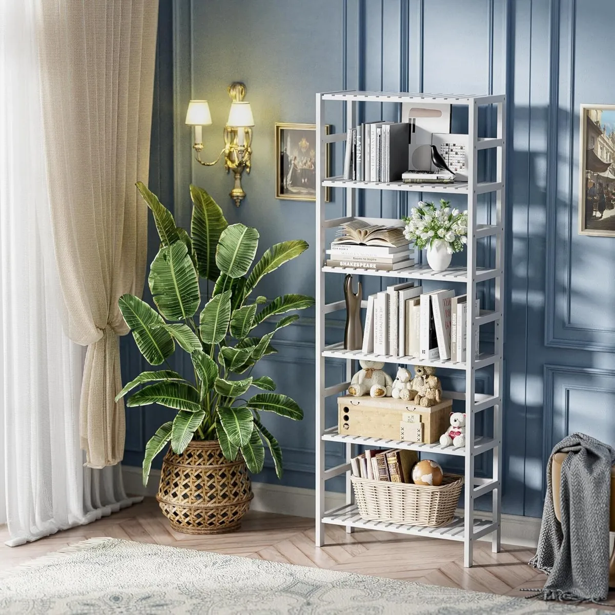 White Bookshelf 6-Tier Adjustable Tall Bookcase - Image 2