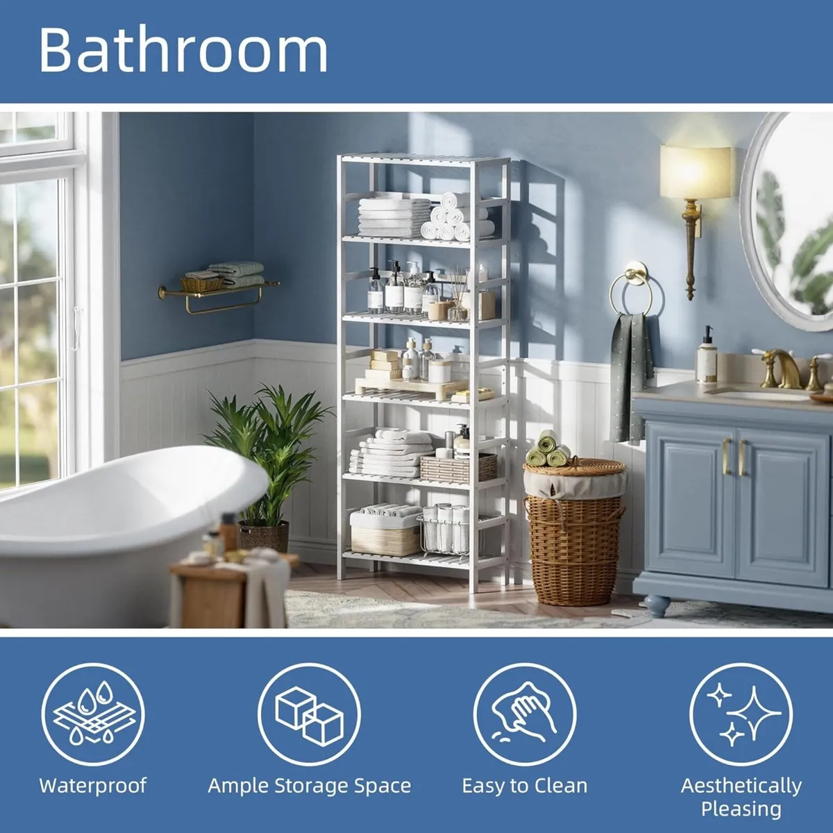 White Bookshelf 6-Tier Adjustable Tall Bookcase - Image 4