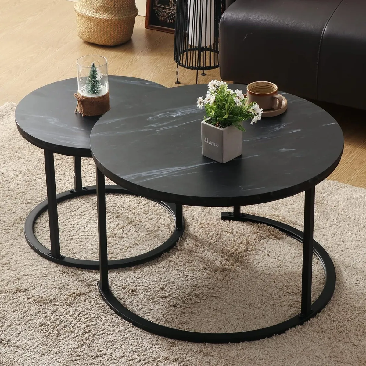 Round Coffee Table Set of 2 Wooden Modern Living - Image 1