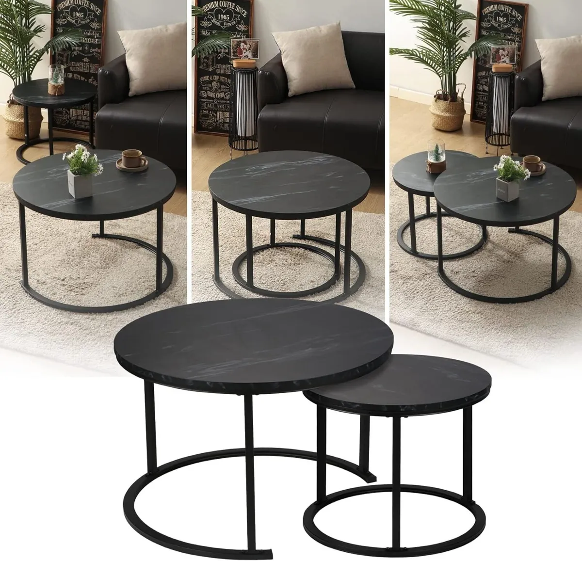 Round Coffee Table Set of 2 Wooden Modern Living - Image 4