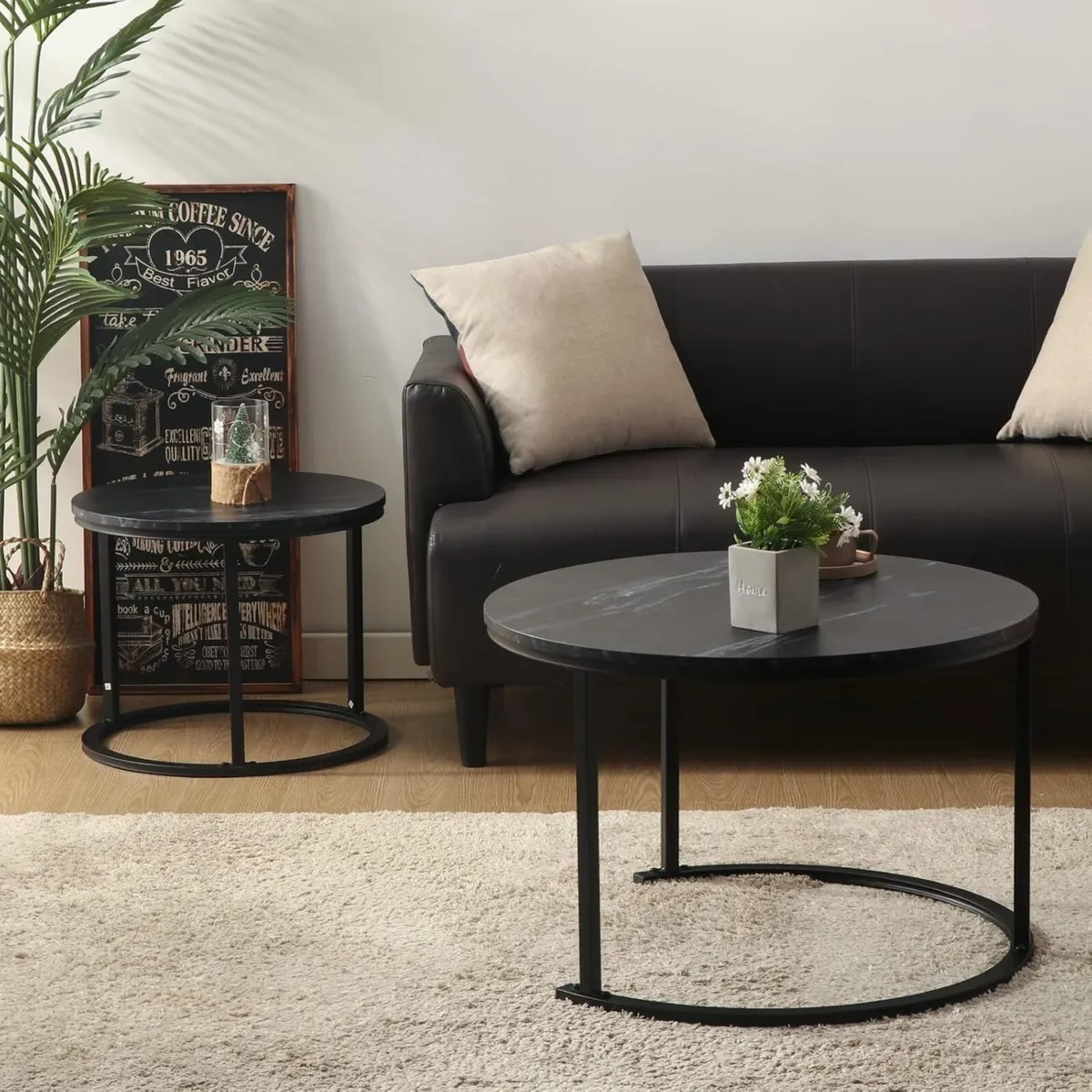 Round Coffee Table Set of 2 Wooden Modern Living - Image 3