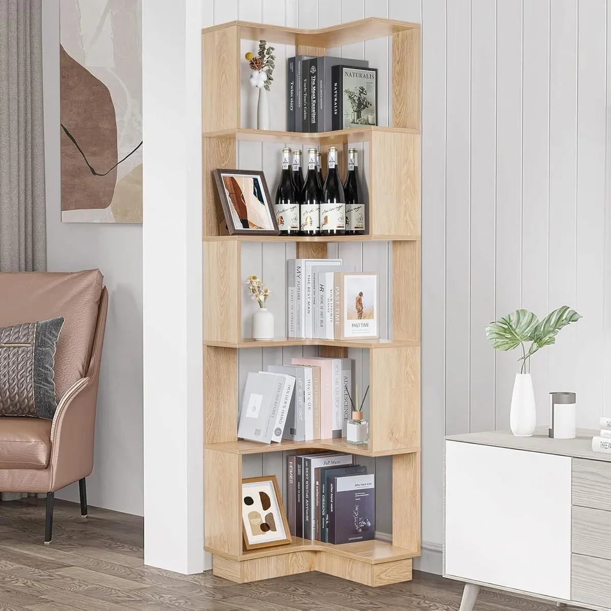5 Tier Corner Bookcase Floor Standing Wooden - Image 1