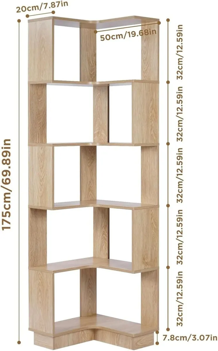 5 Tier Corner Bookcase Floor Standing Wooden - Image 2