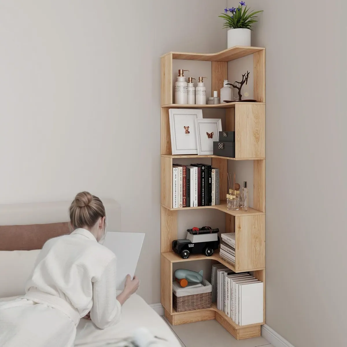 5 Tier Corner Bookcase Floor Standing Wooden - Image 3