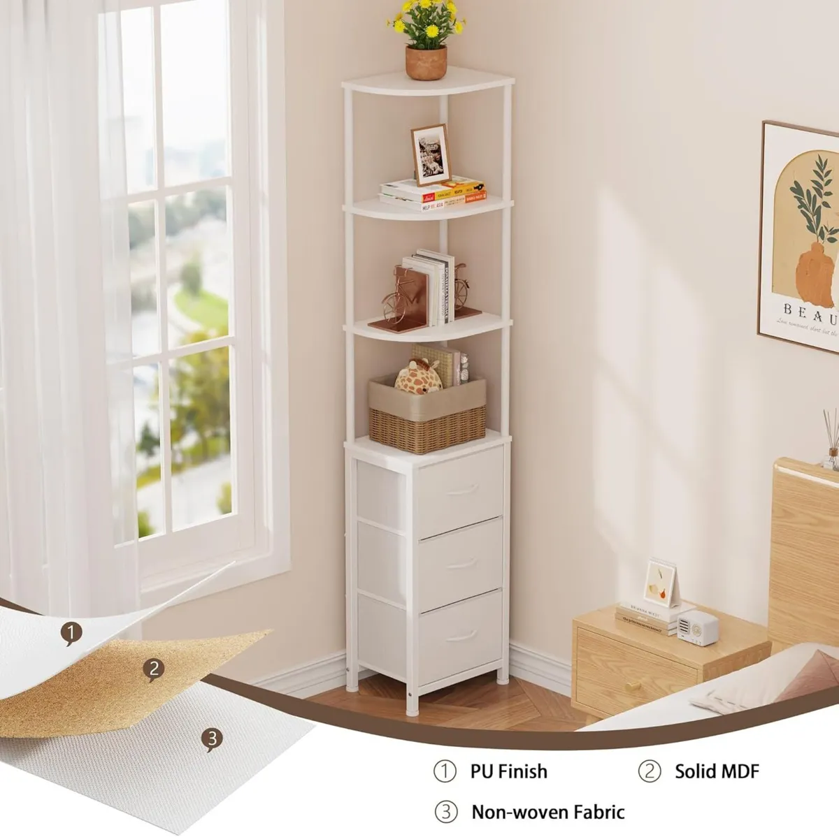 Corner Book Shelf with 3 Fabric Drawers Tall - Image 4