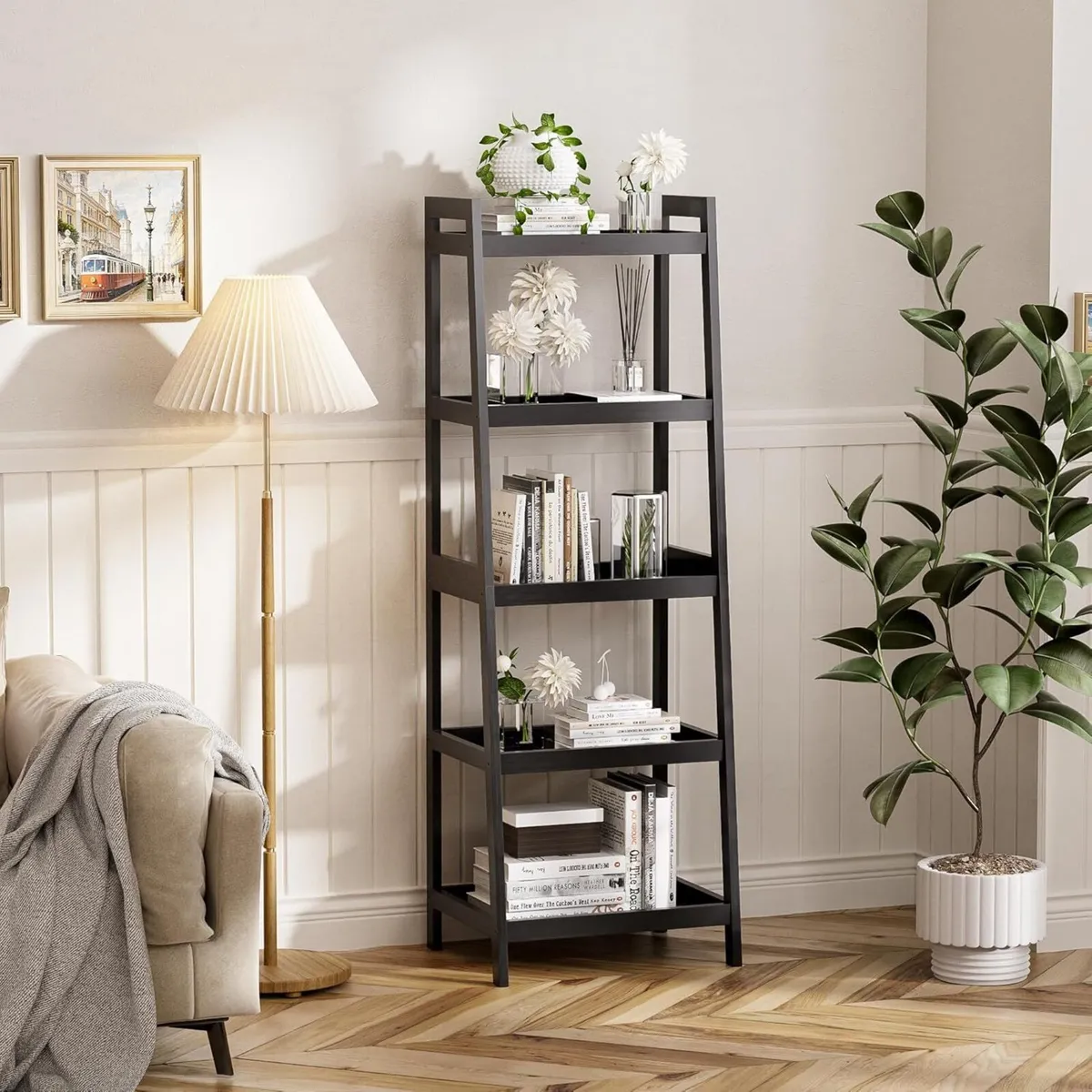 Bookshelf 5 Tier Ladder Bookcase with Bamboo - Image 2