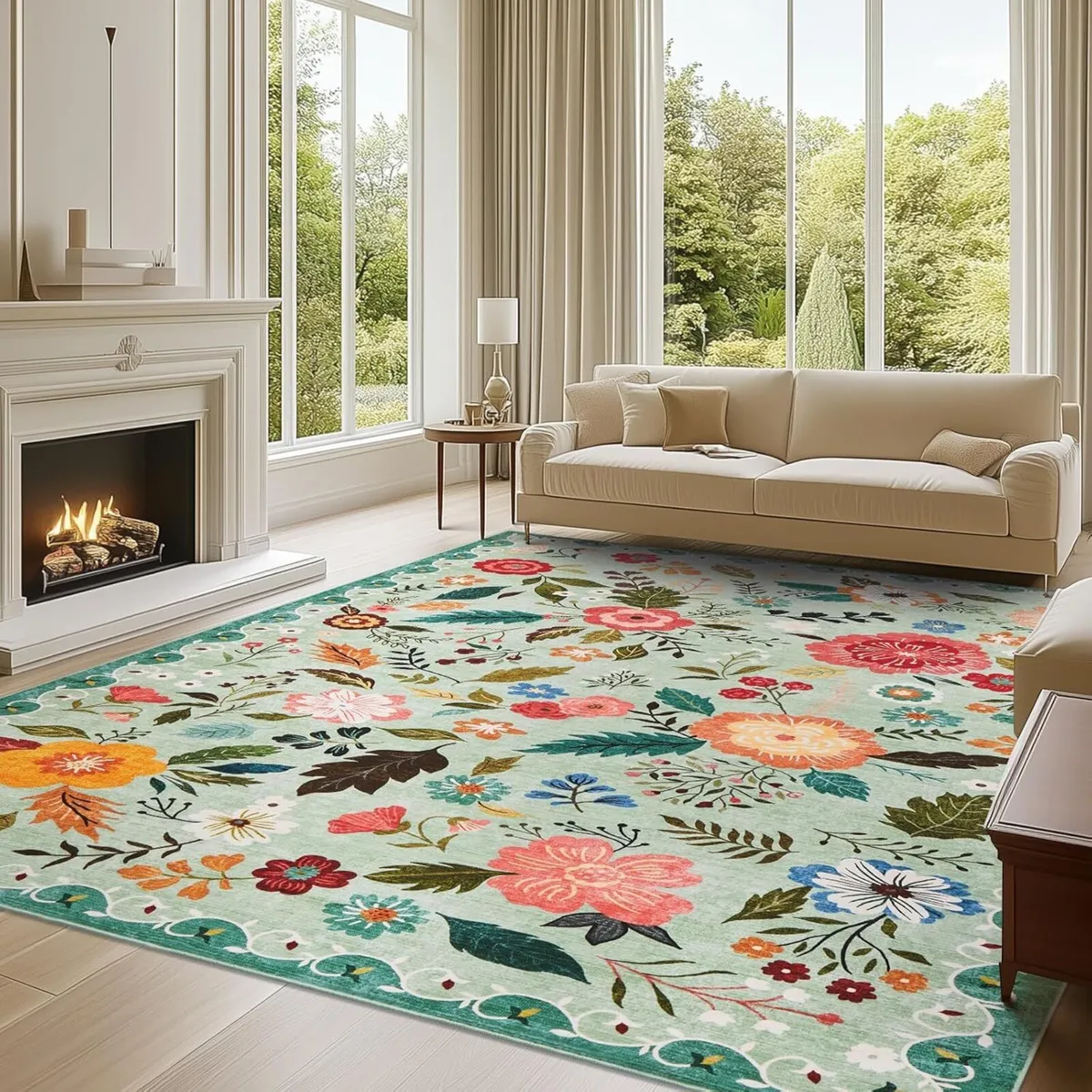 Large Rugs Living Room Low-Pile Boho Floral - Image 1