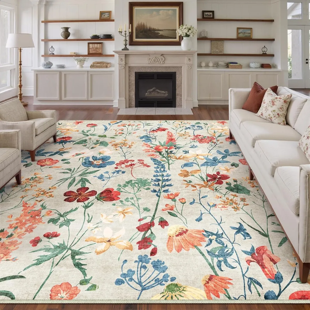 Rugs Living Room Beige Washable Flower Area Rug - Image 1