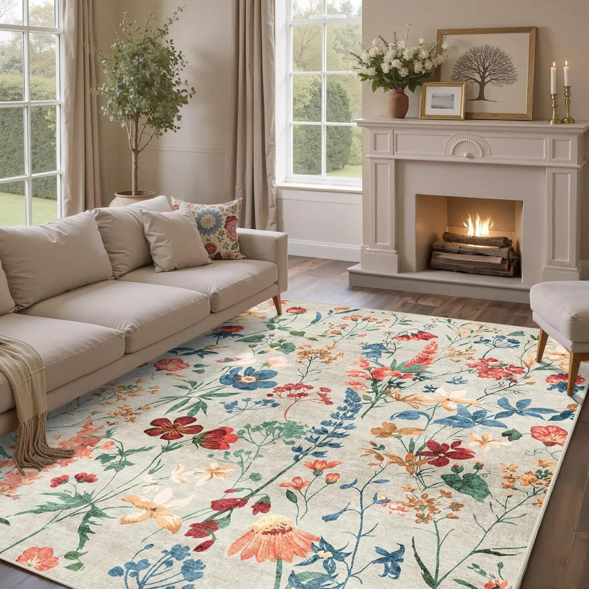 Rugs Living Room Beige Washable Flower Area Rug - Image 3