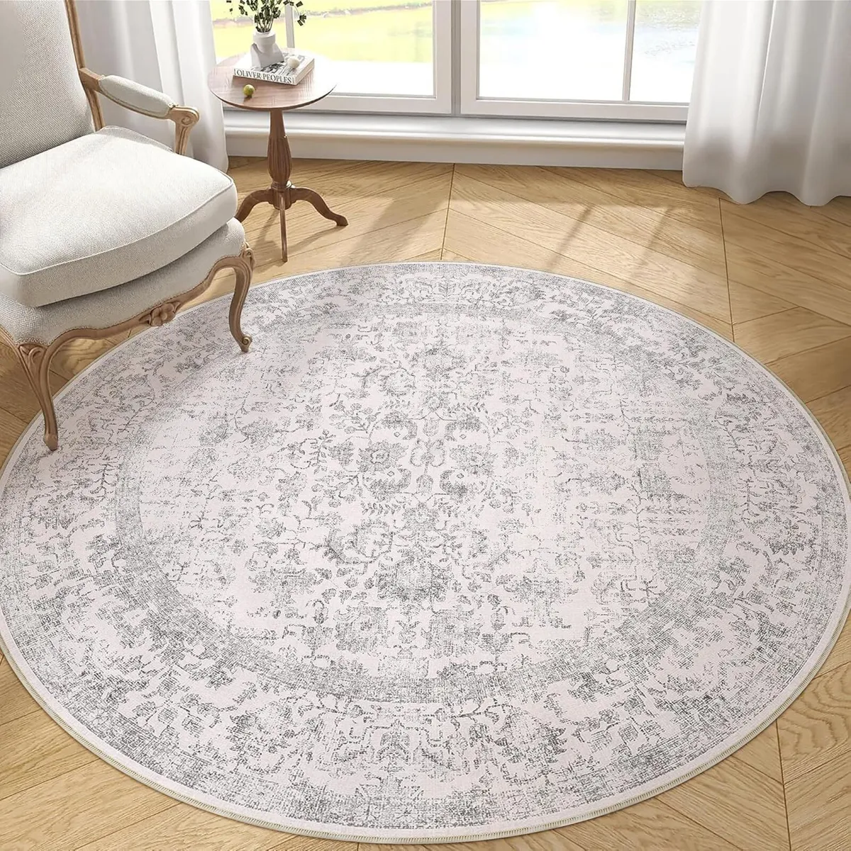 Vintage Grey Round Rug 180cm Washable Non Slip - Image 1