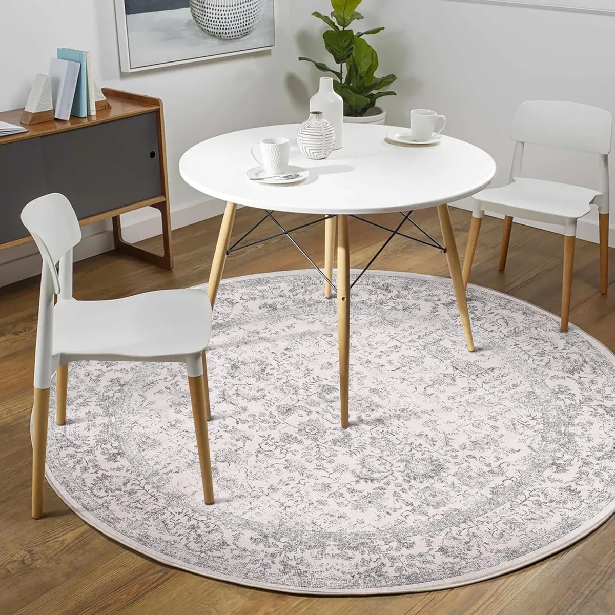Vintage Grey Round Rug 180cm Washable Non Slip - Image 3