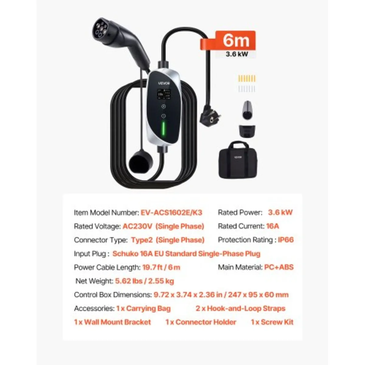 Mobile Wallbox, 3.6 kW 16A, Type 2 Portable EV Cha - Image 2