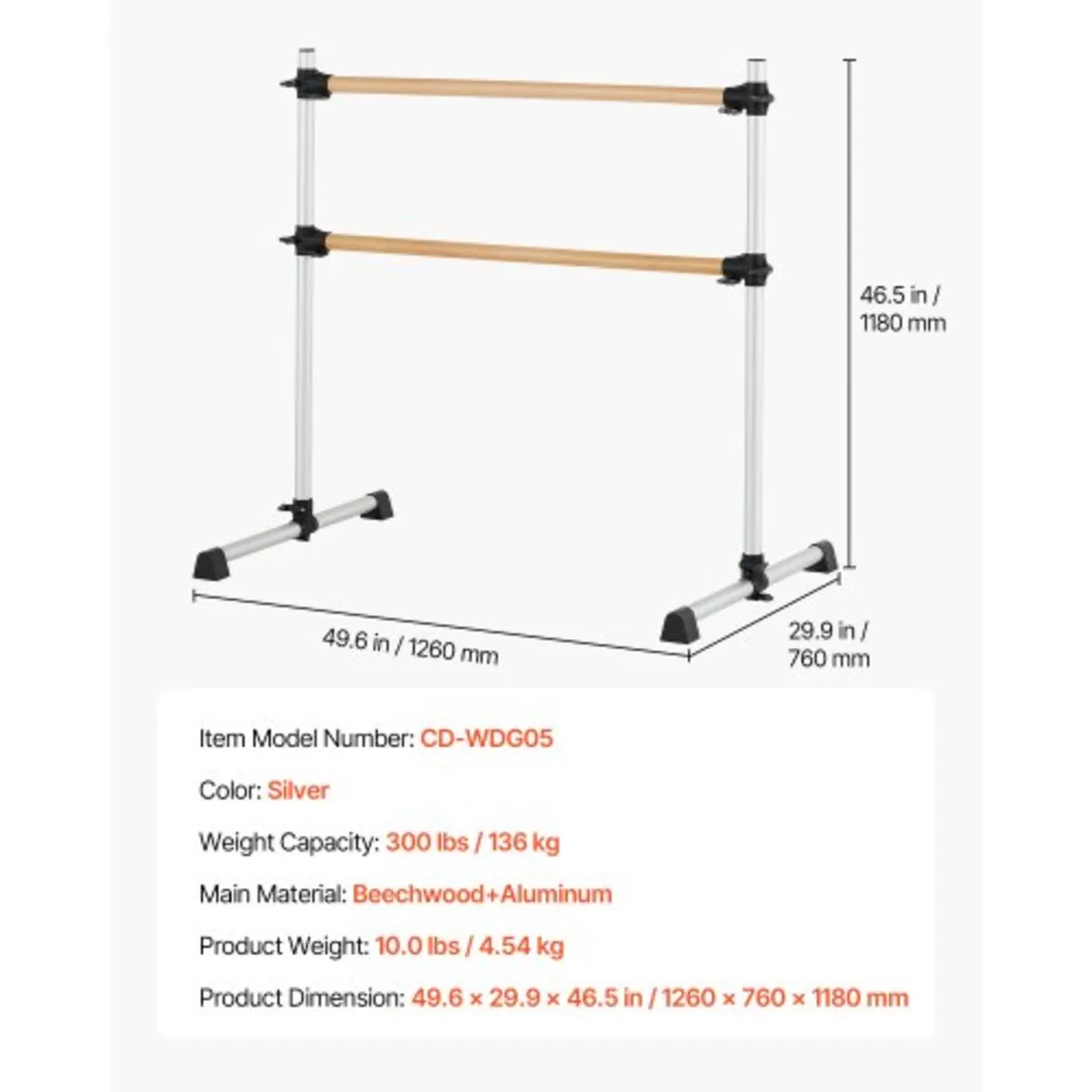 Ballet Barre, Double Beechwood Barre Bar for Home, - Image 3