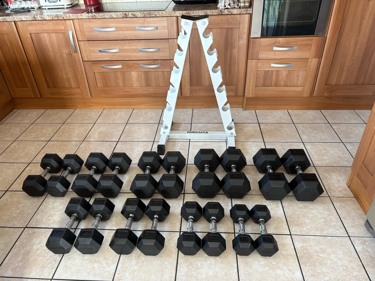 RUBBER HEX DUMBBELL SET AND VERTICAL RACK!! - Image 1