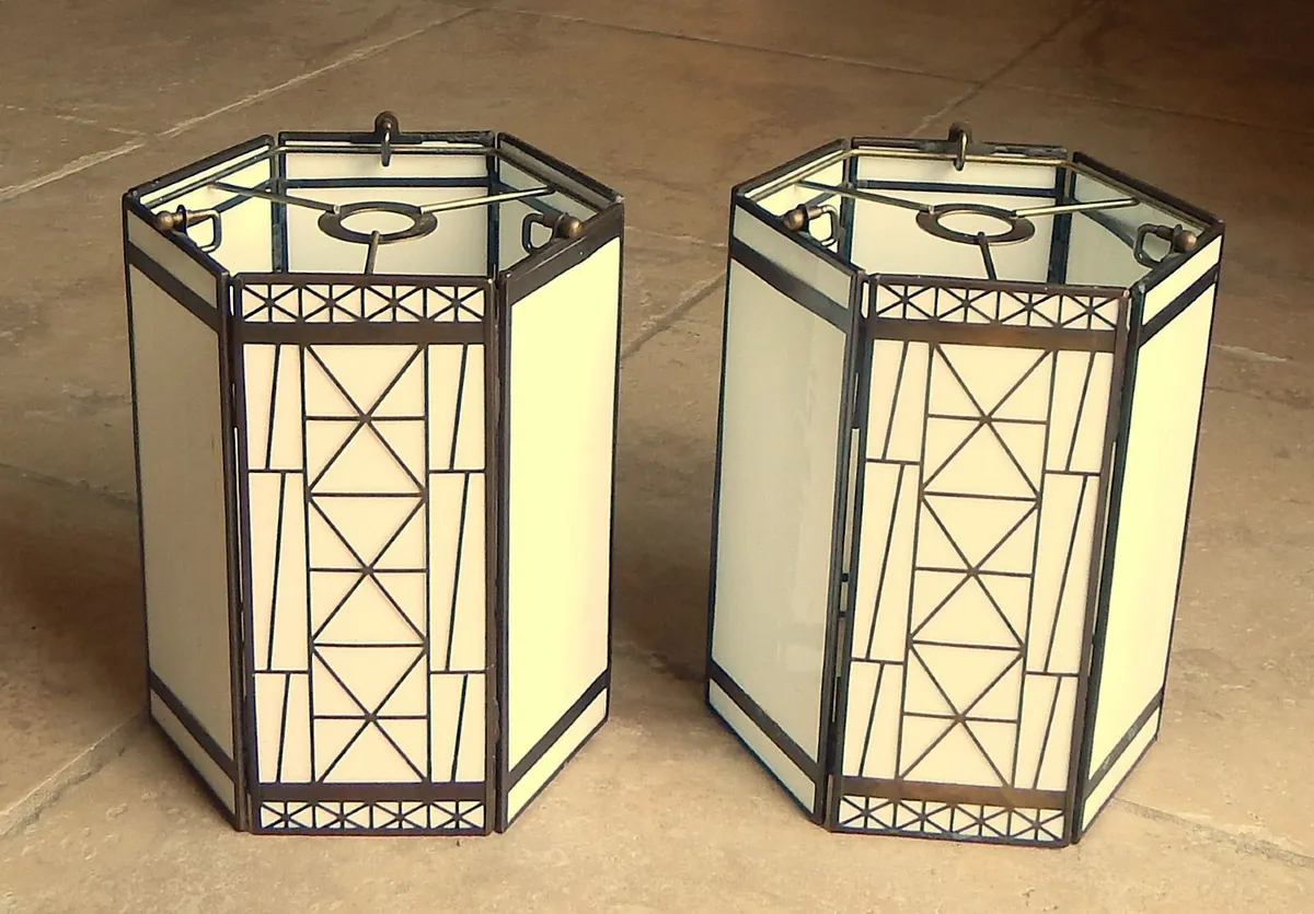 2 Tiffany Style Hexagonal Glass & Metal Shades - Image 1