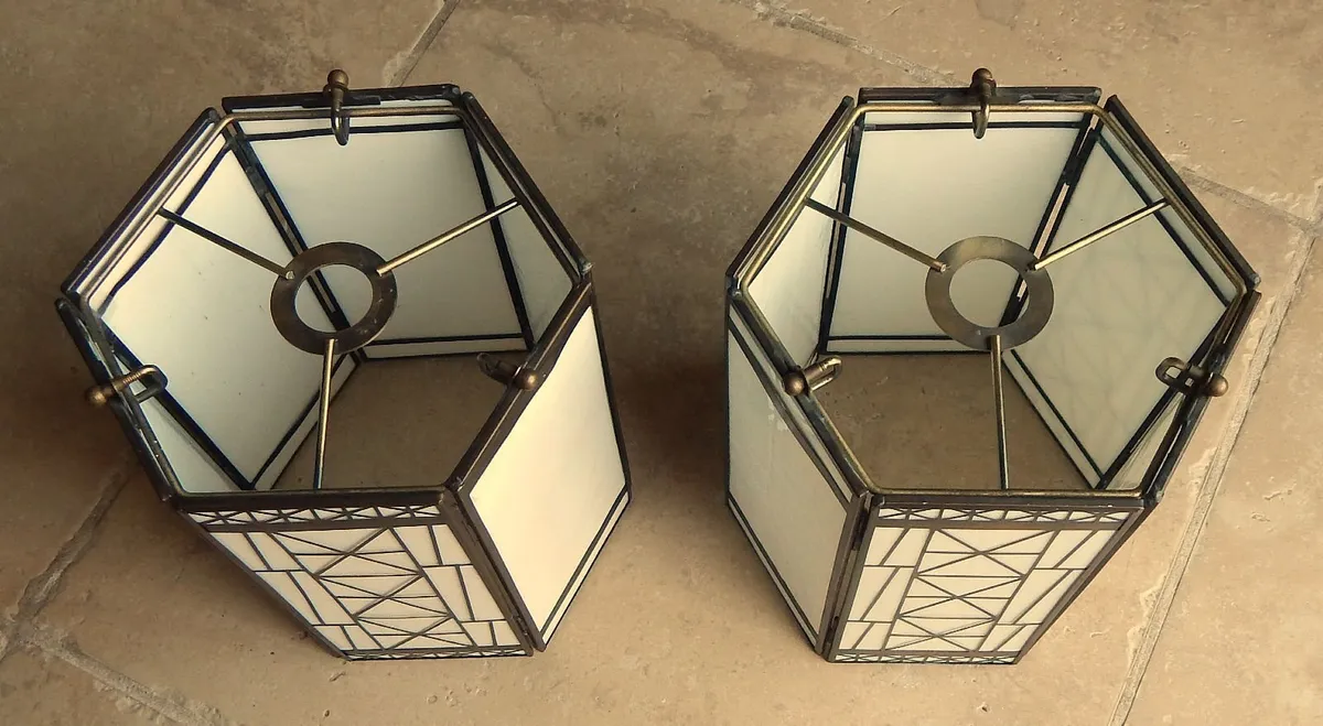 2 Tiffany Style Hexagonal Glass & Metal Shades - Image 3