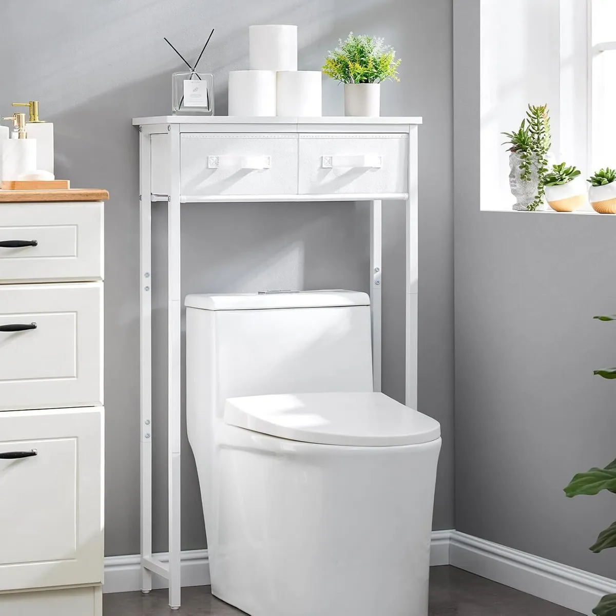 2-Tier Over The Toilet Storage with 2 Fabric - Image 2