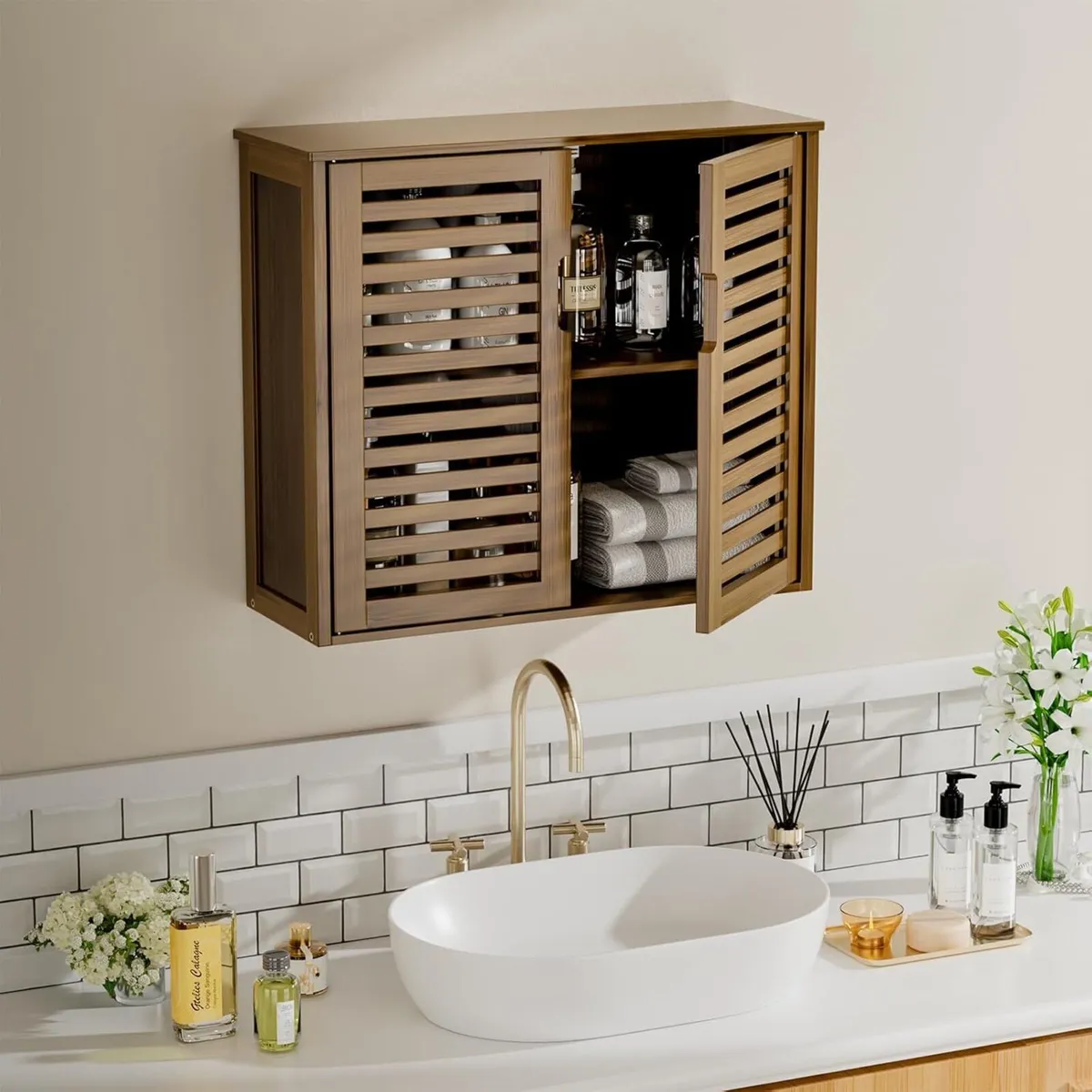 Medicine Cabinet Walnut Bathroom Wall Mounted - Image 2