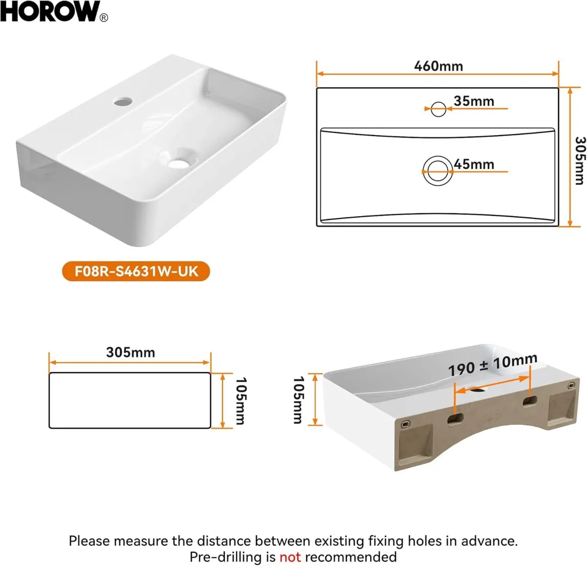 Bathroom Ceramic Wash Basin Sink (White 46 x 30 - Image 2