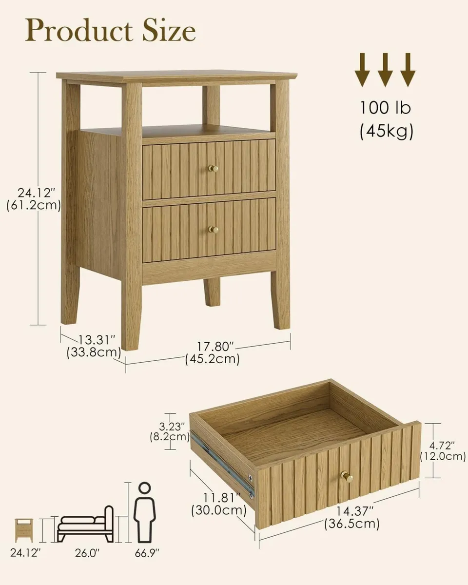 Bedside Table Chest of 2 Drawers Cabinet Wooden - Image 2