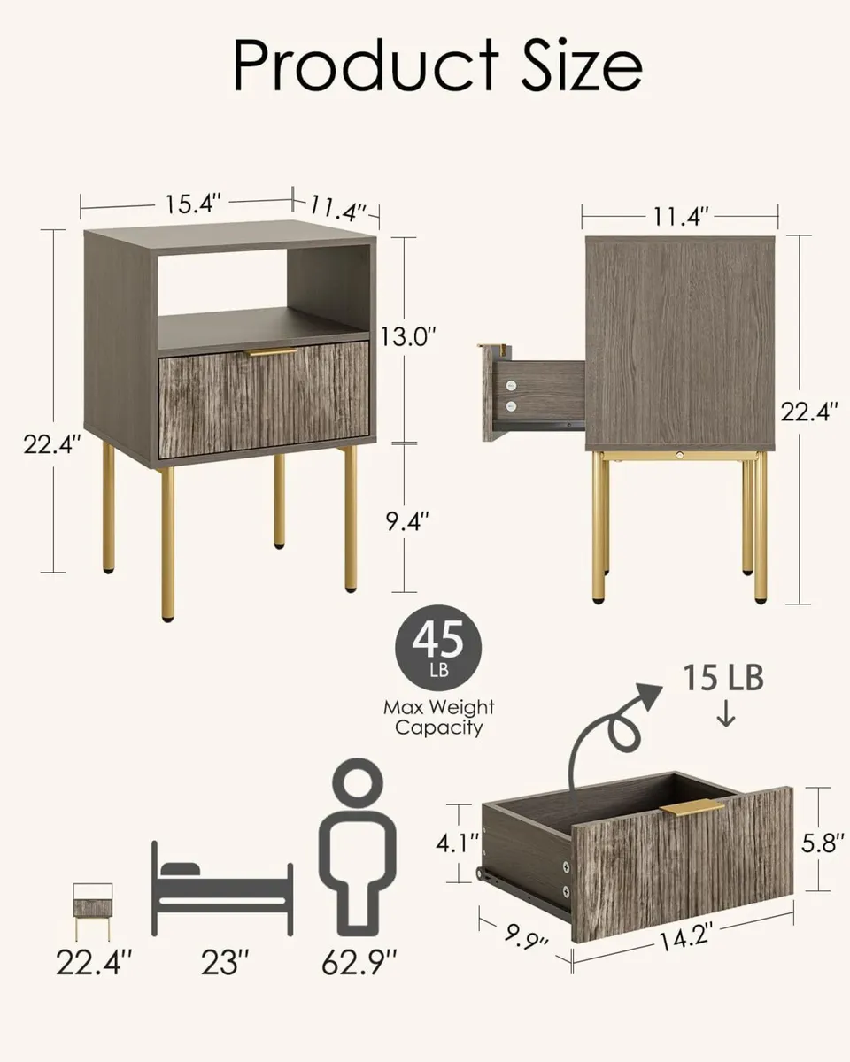 Bedside Table Cabinet with 1 Open Shelf And - Image 2