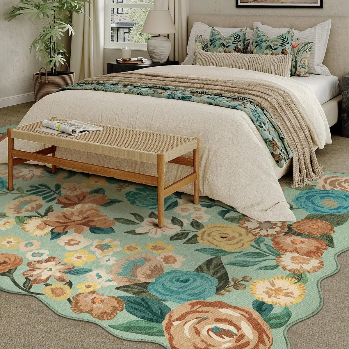 Green Rugs Living Room Washable Flower Area Rug - Image 3