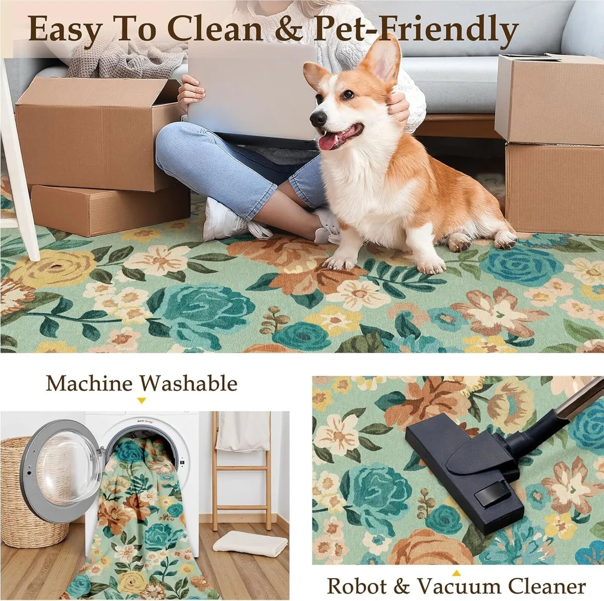 Green Rugs Living Room Washable Flower Area Rug - Image 4