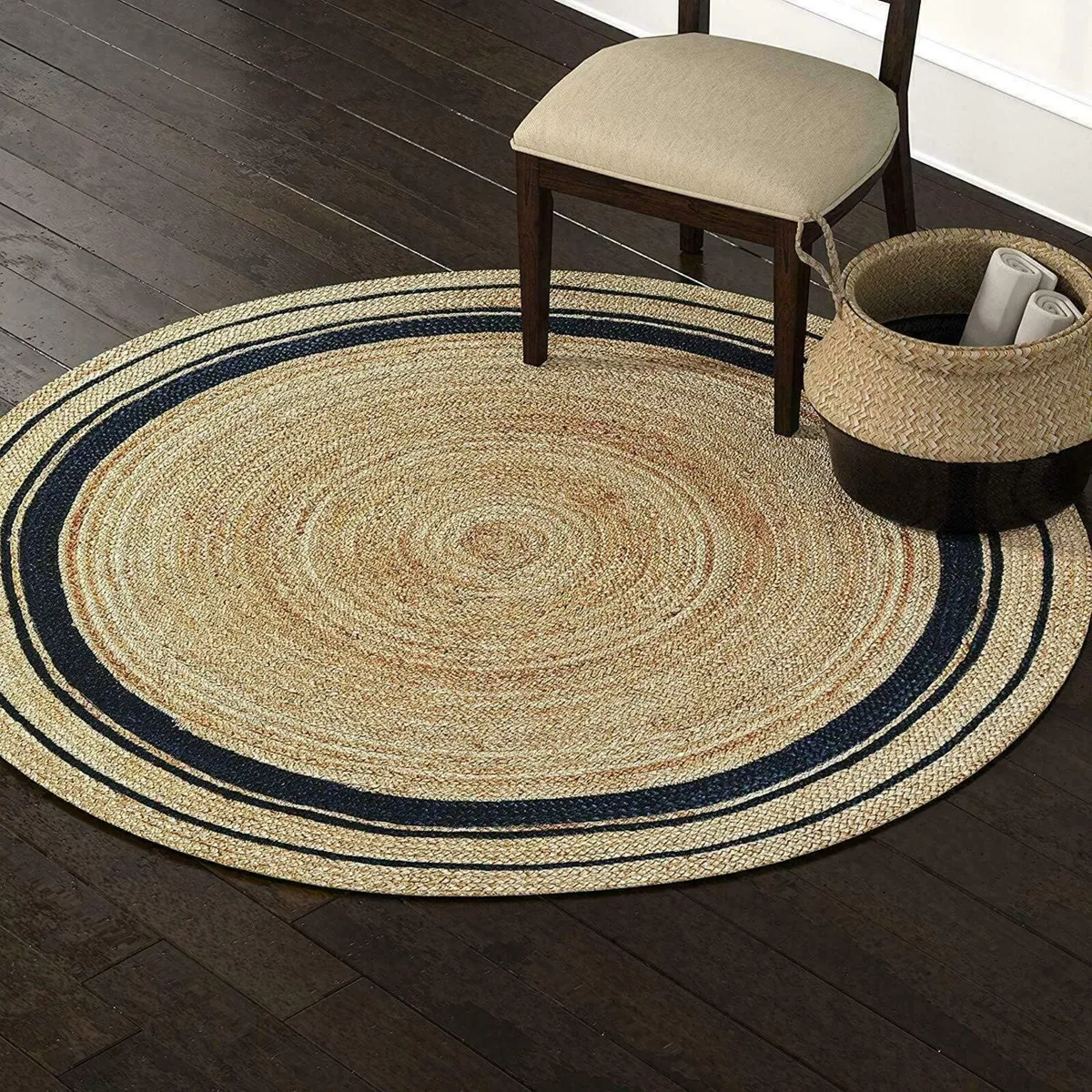 Vipanth Natural Jute Rug with Black Line Handmade - Image 1