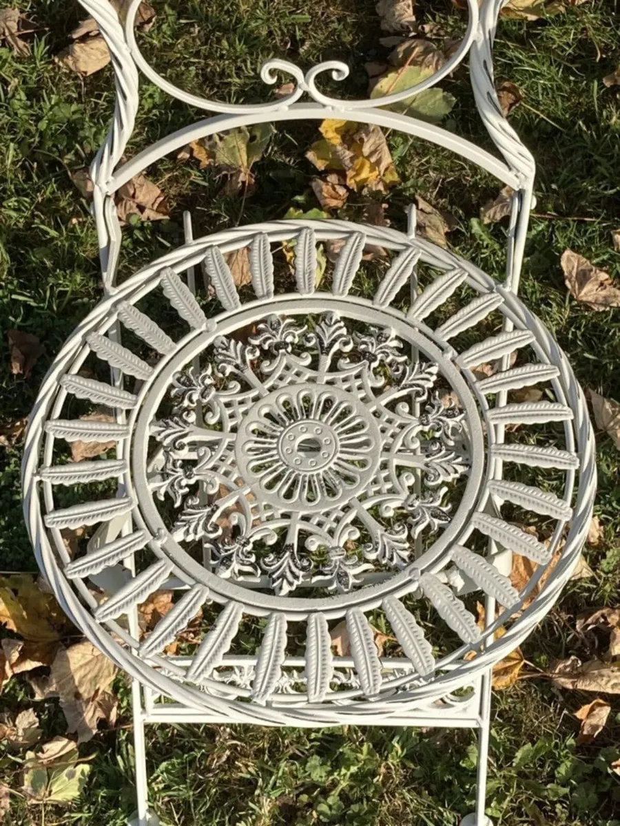 Cream Folding Steel Cast Iron Bistro Set 2 Chairs - Image 2