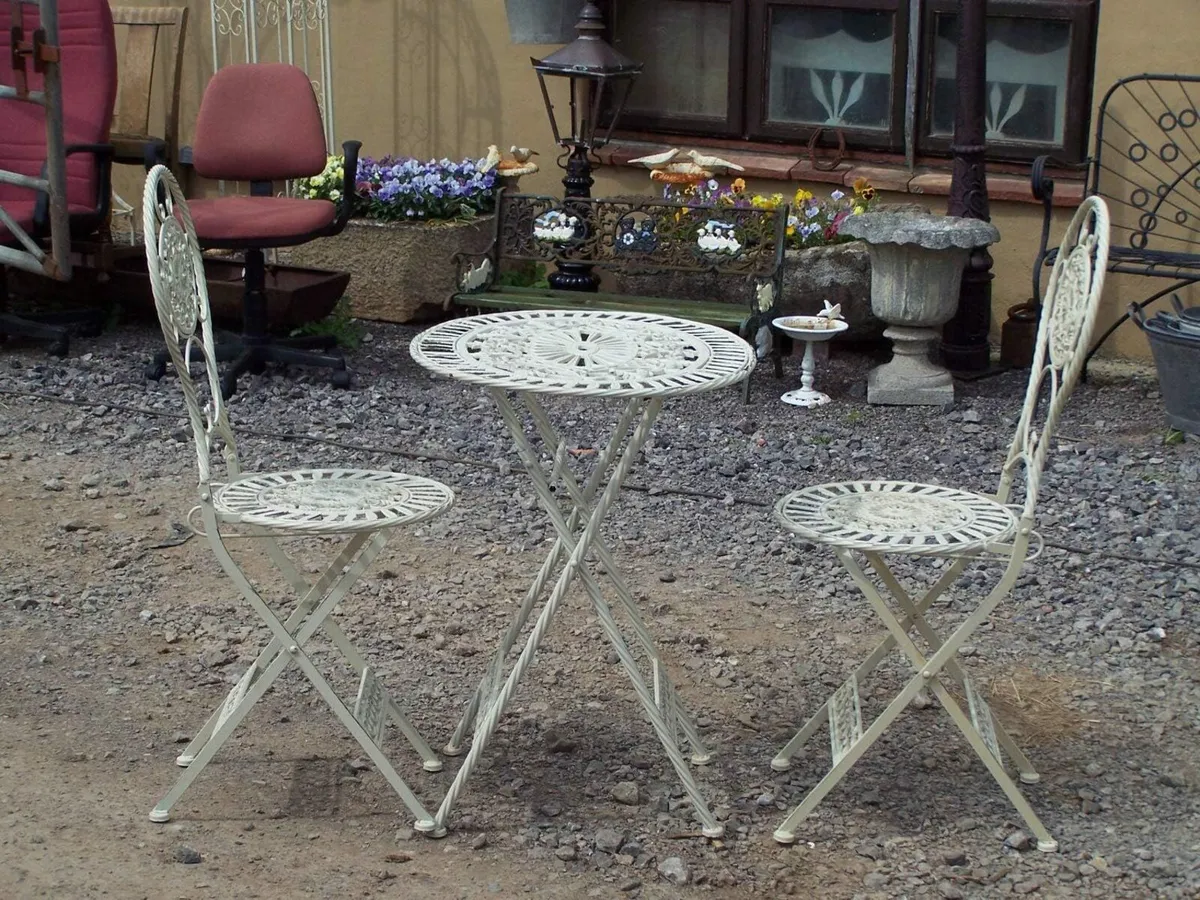 Cream Folding Steel Cast Iron Bistro Set 2 Chairs - Image 1