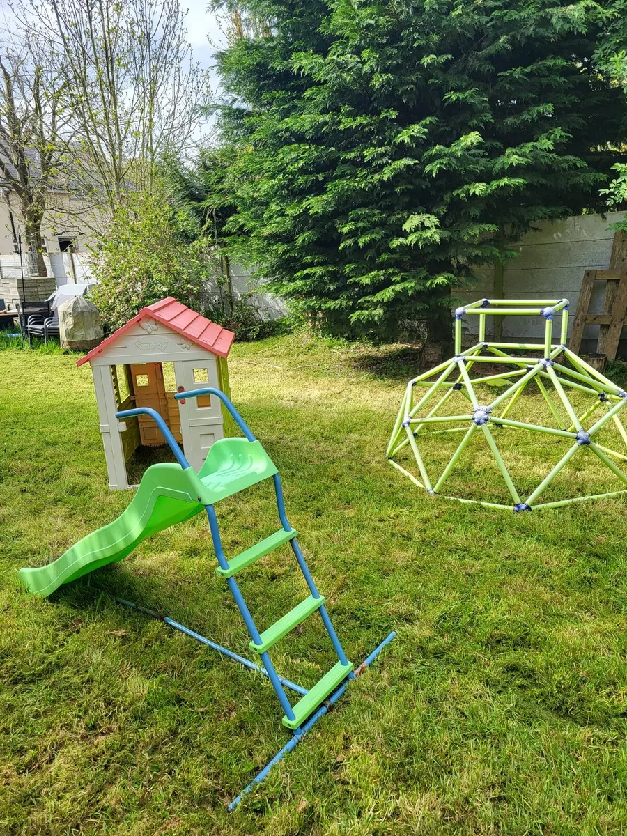 Playhouse, climbing frame and slide