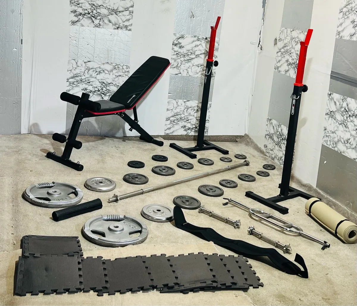 110KG WEIGHTS BARBELL SET BRNCH RACK GYM BELT MATS - Image 1