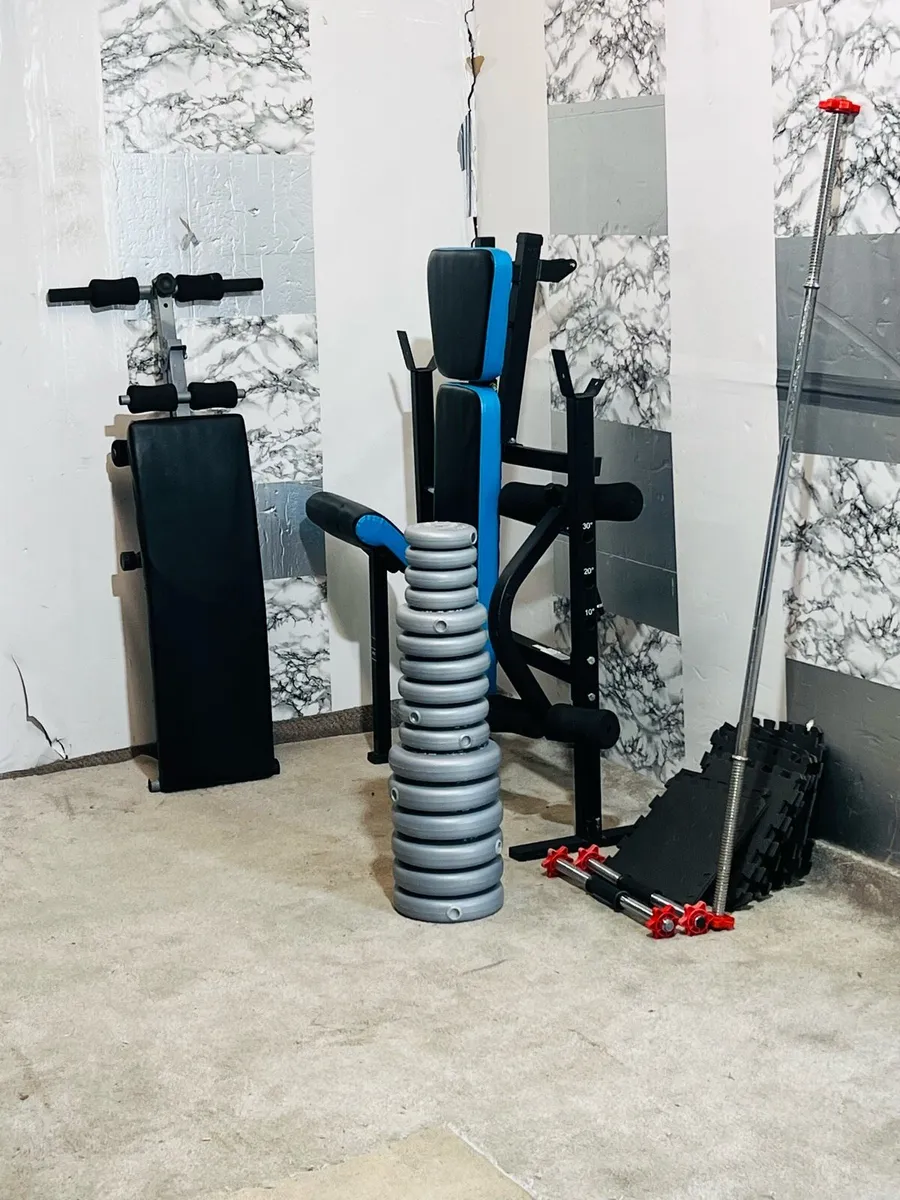 2 ADJUSTABLE BENCHS 50KG BARBELL SET MATS - Image 3