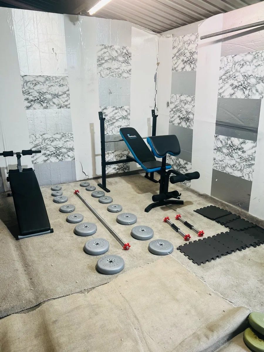 2 ADJUSTABLE BENCHS 50KG BARBELL SET MATS - Image 1